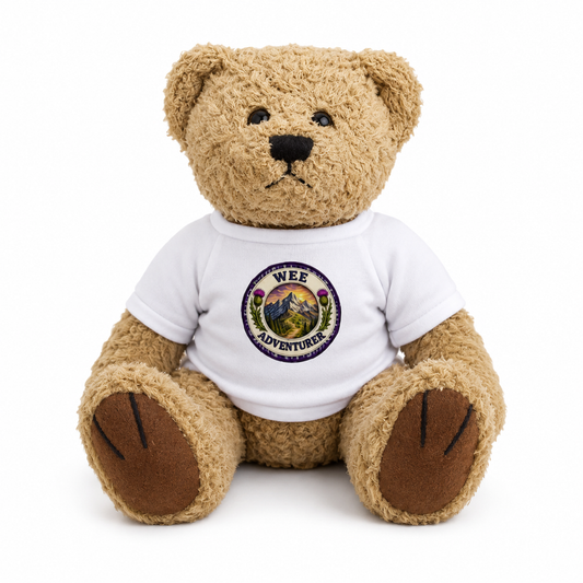 Wee Adventurer Teddy Bear wearing a white t-shirt with mountain adventure badge design on a white background