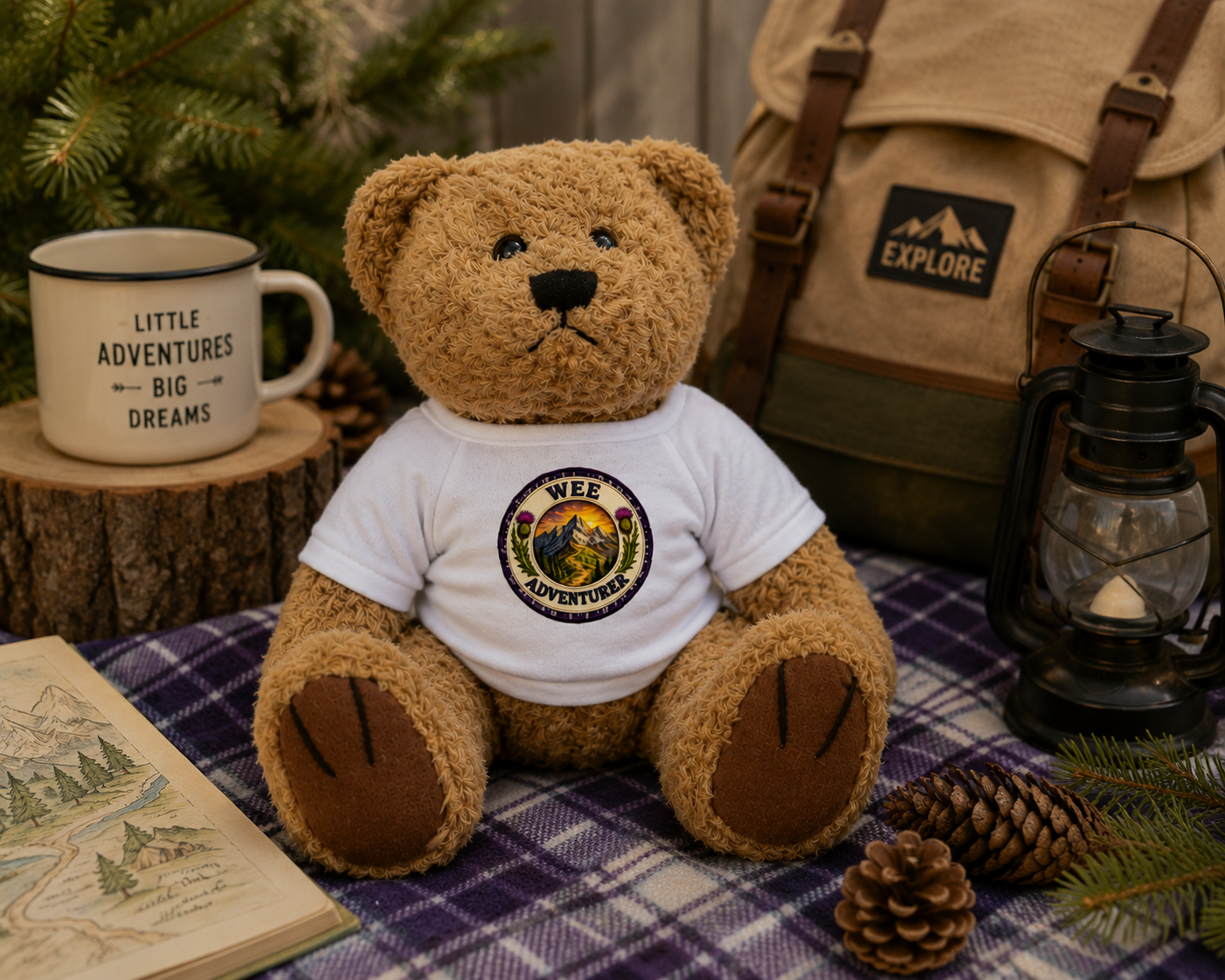 Wee Adventurer Teddy Bear beside matching Wee Adventurer baby bodysuit gift set in a Scottish-inspired nursery scene