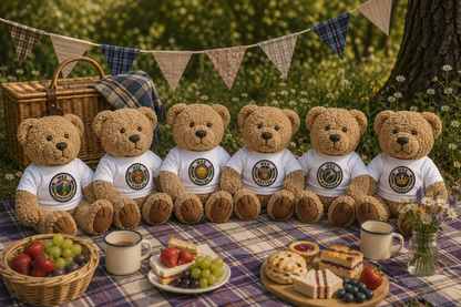 Wee Adventurer Teddy Bear sitting with other Wee Best Pals teddy bears at a tartan teddy bear picnic