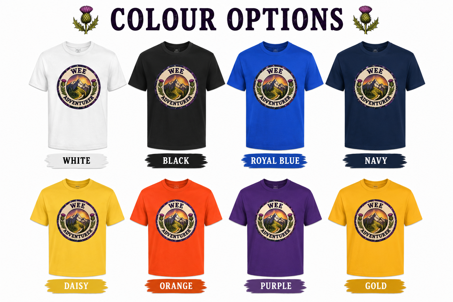 Wee Adventurer youth t-shirt available in white, black, royal blue, navy, daisy, orange, purple and gold
