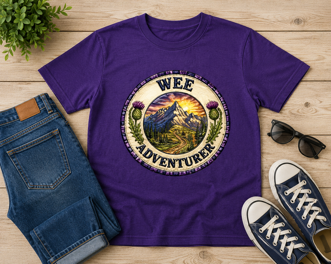 Purple Wee Adventurer youth t-shirt folded flat showing mountain badge design