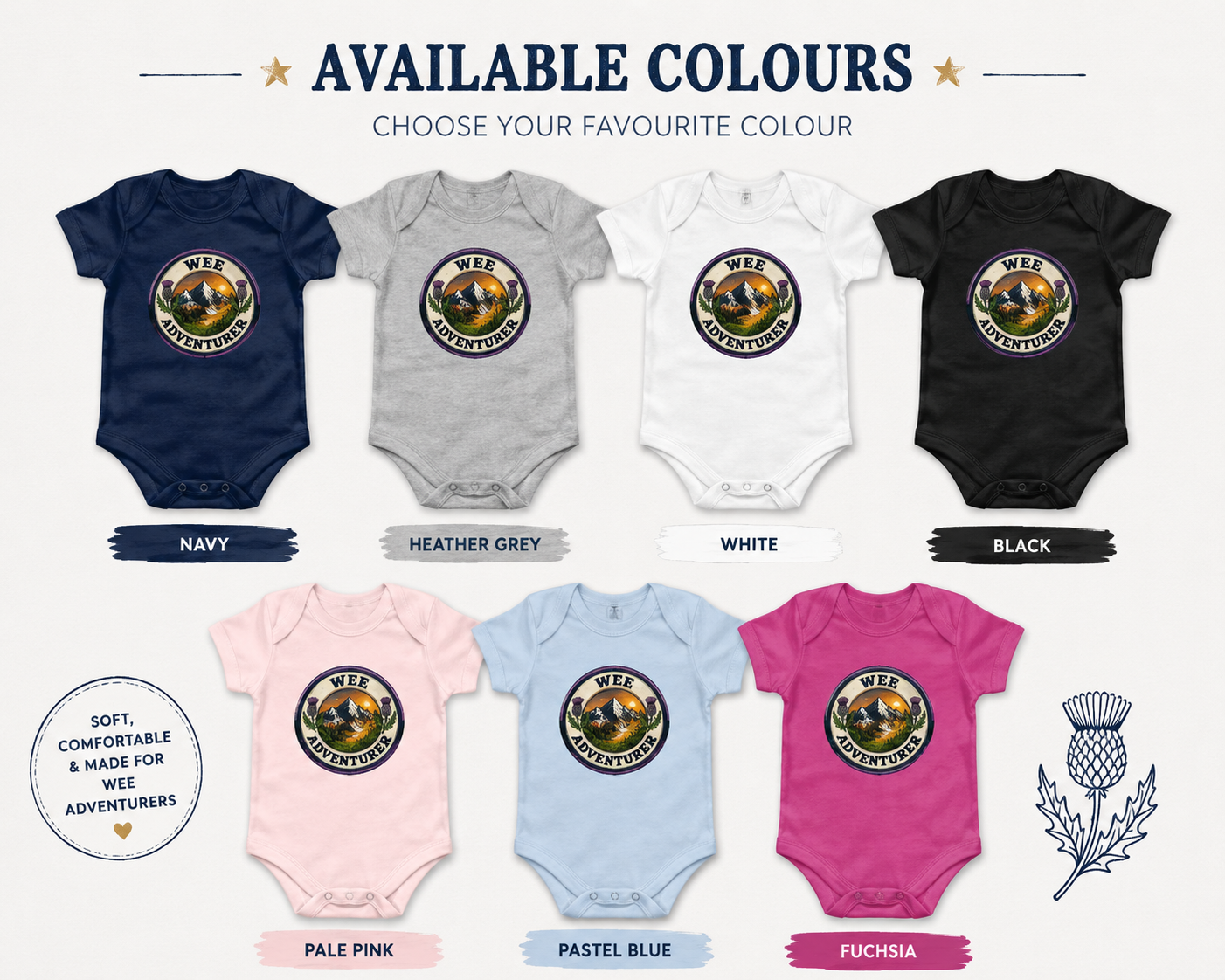 Wee Adventurer baby bodysuit available in navy, heather grey, white, black, pale pink, pastel blue and fuchsia.