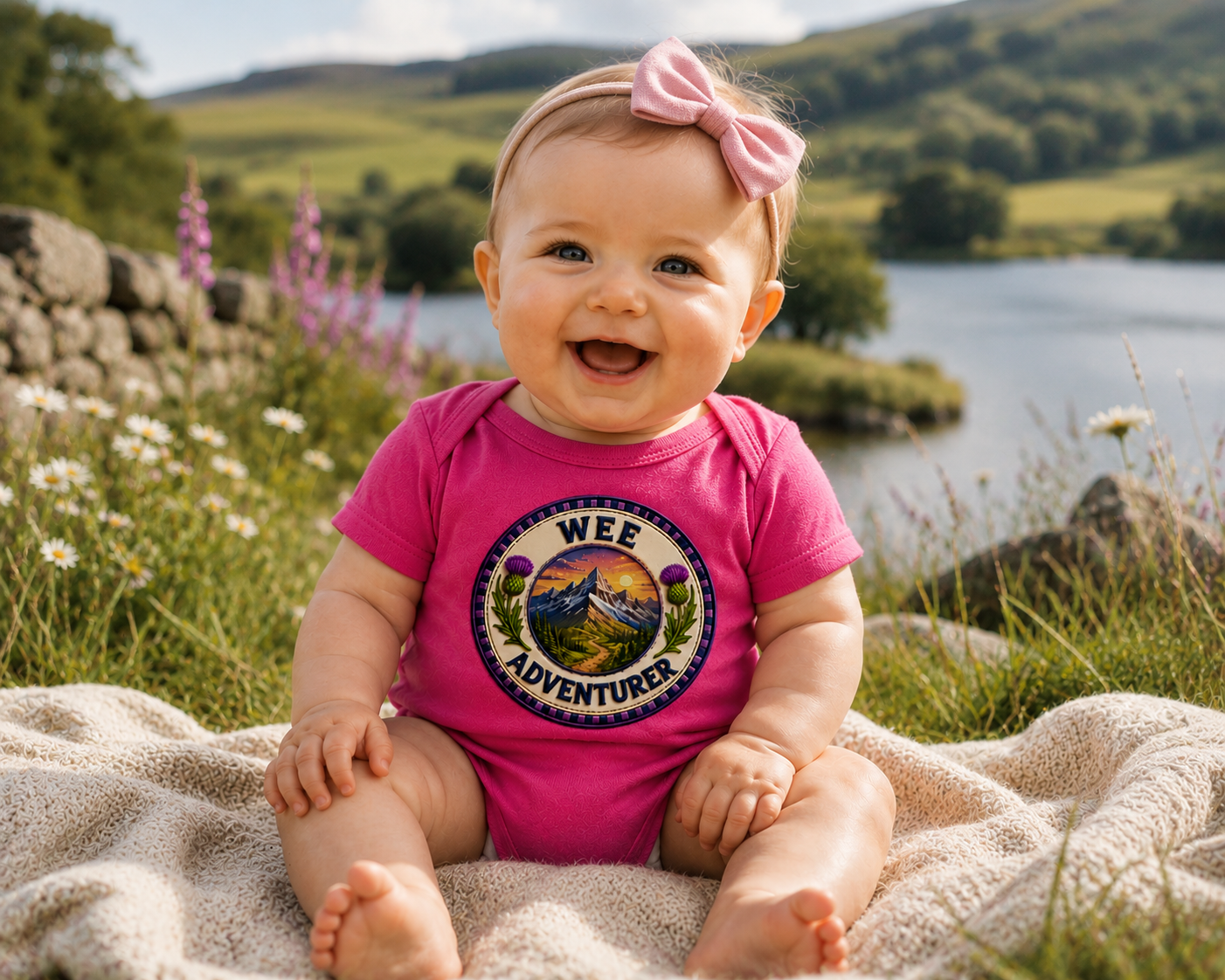 Smiling baby wearing a fuchsia Wee Adventurer baby bodysuit outdoors with mountains and wildflowers.