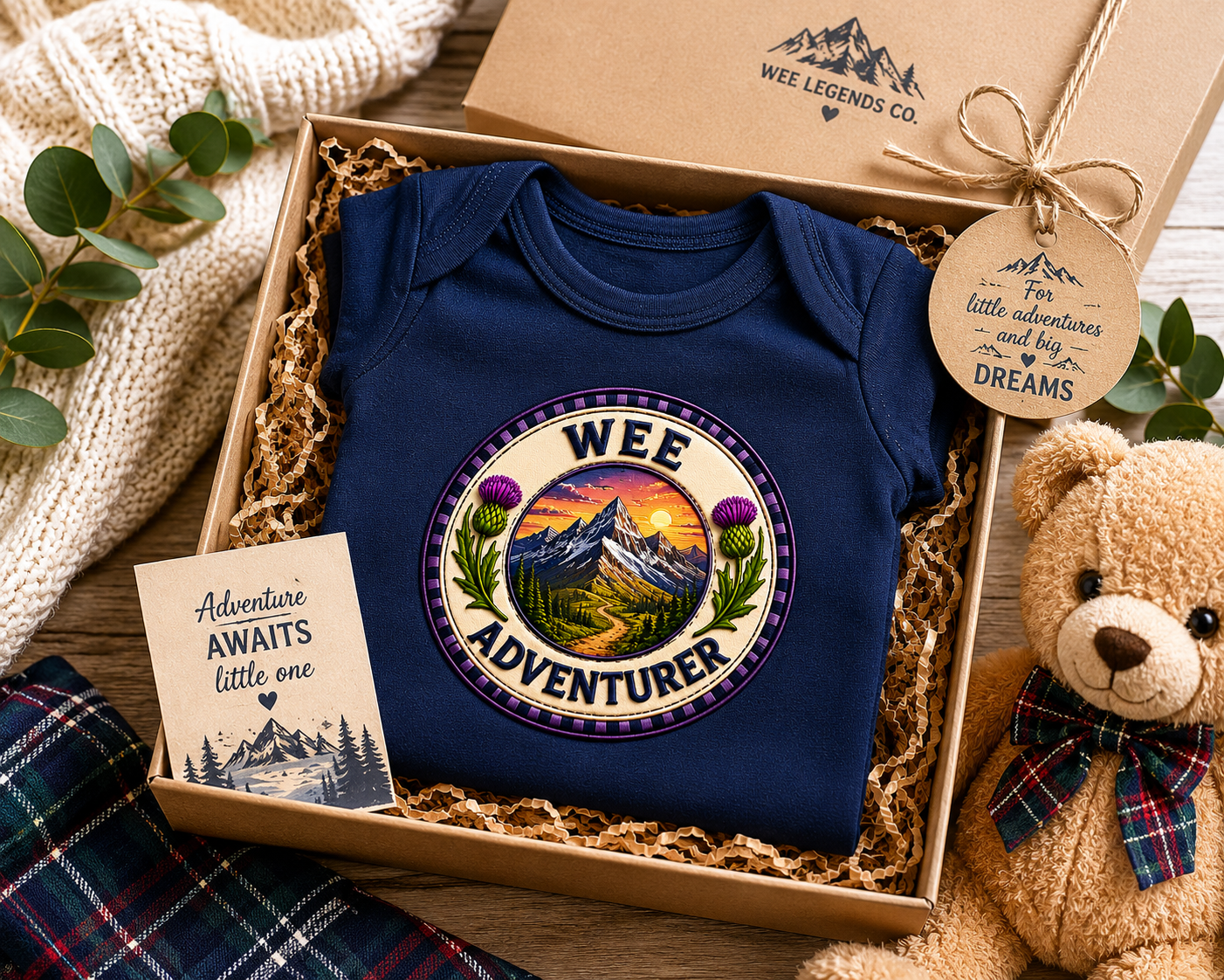 Wee Adventurer baby bodysuit presented in a gift box with teddy bear and Scottish-inspired packaging.
