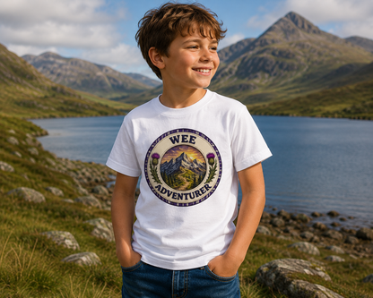 Young explorer wearing Wee Adventurer youth t-shirt outdoors in the Scottish countryside