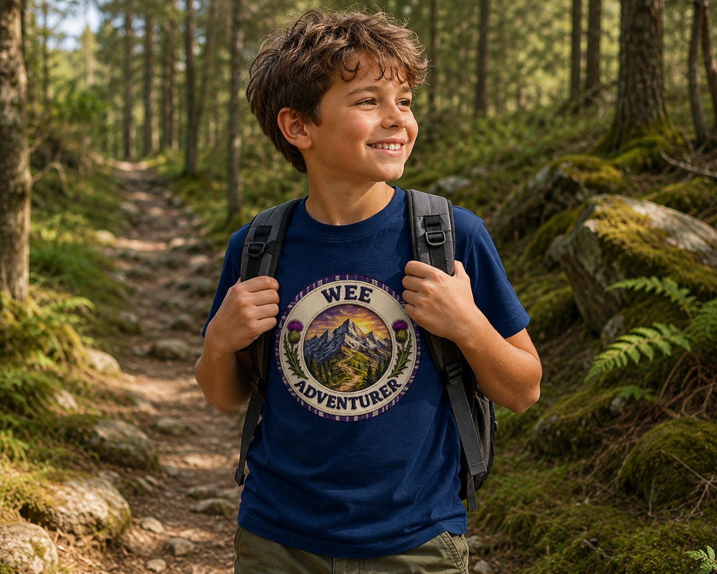 Child wearing Wee Adventurer Scottish adventure t-shirt on a woodland family walk