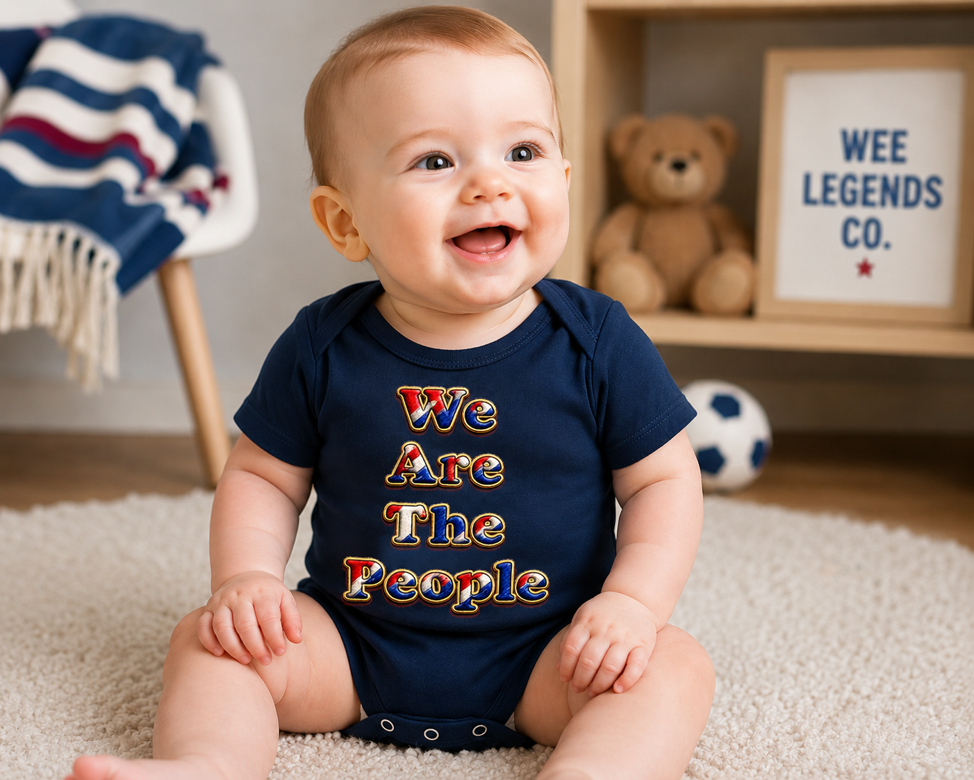 Happy baby wearing a navy We Are The People baby bodysuit featuring a bold red, white and blue slogan design, sitting on a soft rug in a cosy nursery with a teddy bear and football-themed décor.