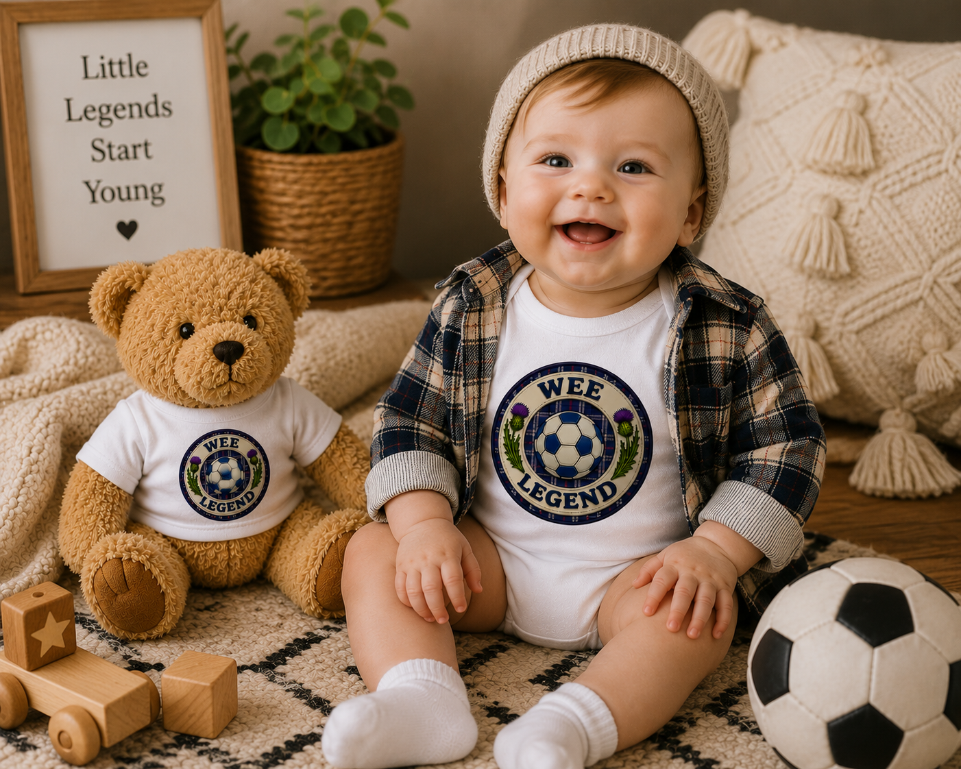 Smiling baby wearing the Wee Legend football badge bodysuit alongside a matching teddy bear in a cosy nursery setting.