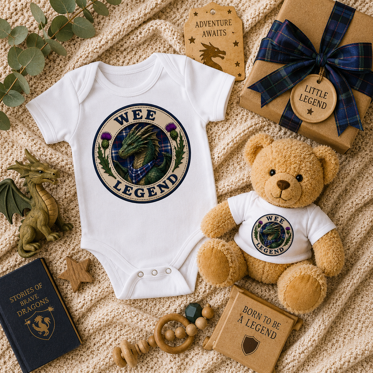 Wee Legend Dragon baby gift set displayed on a cosy knitted blanket with matching bodysuit, teddy bear and Scottish-inspired gift accessories.