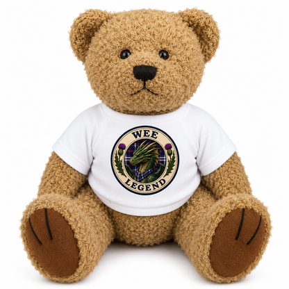 Wee Legend Dragon Teddy Bear wearing a white t-shirt with dragon badge design on a white background