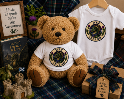 Wee Legend Dragon Teddy Bear beside a matching Wee Legend Dragon baby bodysuit gift set