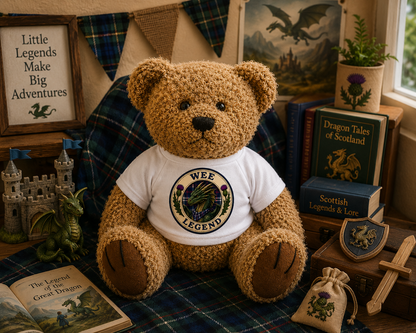 Wee Legend Dragon Teddy Bear displayed in a magical Scottish-themed nursery with dragon and tartan décor