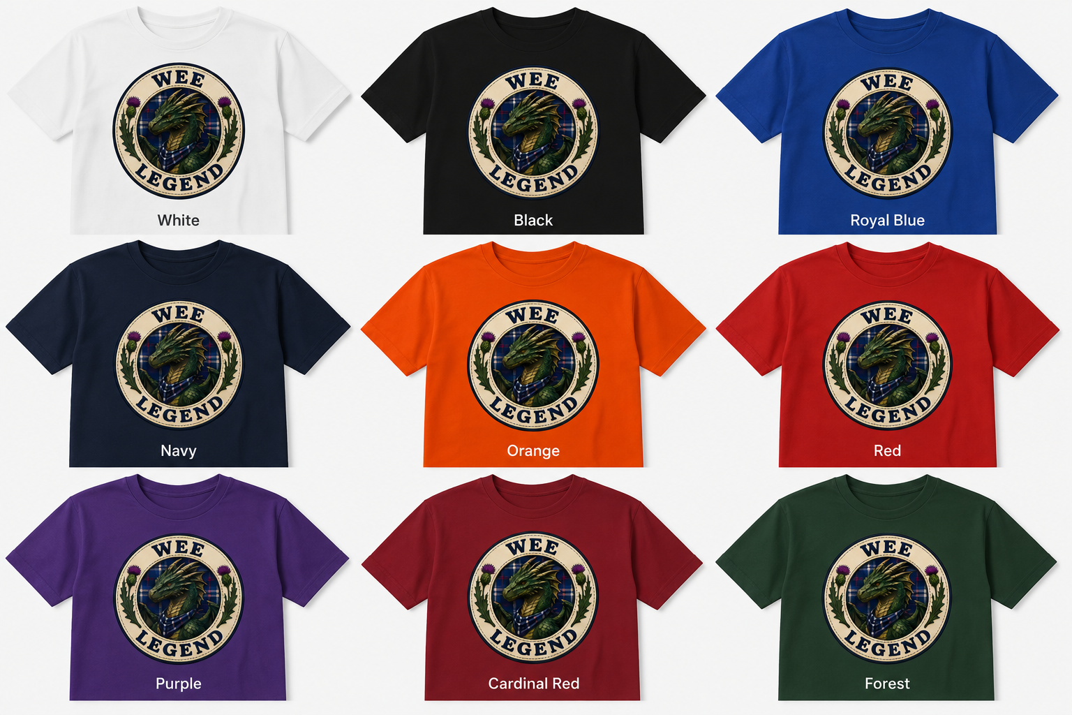 Wee Legend Dragon youth t-shirt displayed in nine colour options including white, black, royal blue, navy, orange, red, purple, cardinal red and forest green.