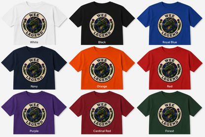 Wee Legend Dragon youth t-shirt displayed in nine colour options including white, black, royal blue, navy, orange, red, purple, cardinal red and forest green.