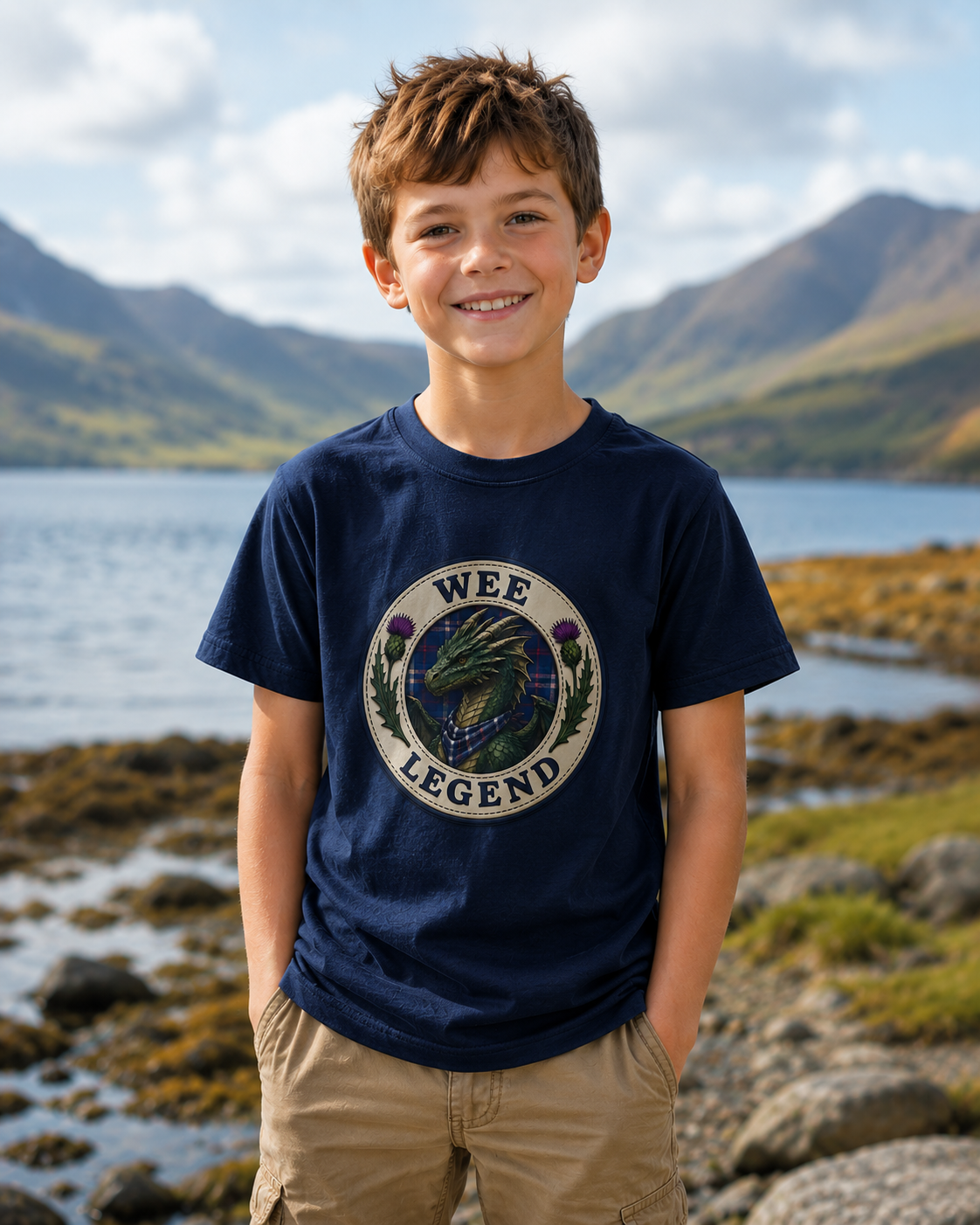 Young boy wearing a navy Wee Legend Dragon youth t-shirt featuring a Scottish dragon crest design, standing beside a loch with mountains in the background.