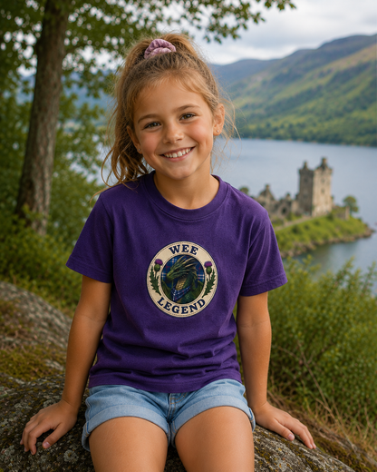 Young girl wearing a purple Wee Legend Dragon youth t-shirt featuring a dragon badge design with tartan scarf and Scottish thistles, sitting beside a loch with a castle in the background.