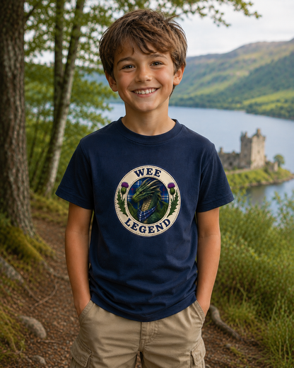 Young boy wearing a navy Wee Legend Dragon youth t-shirt featuring a detailed dragon crest with tartan scarf and Scottish thistles, standing beside a Scottish loch and castle.