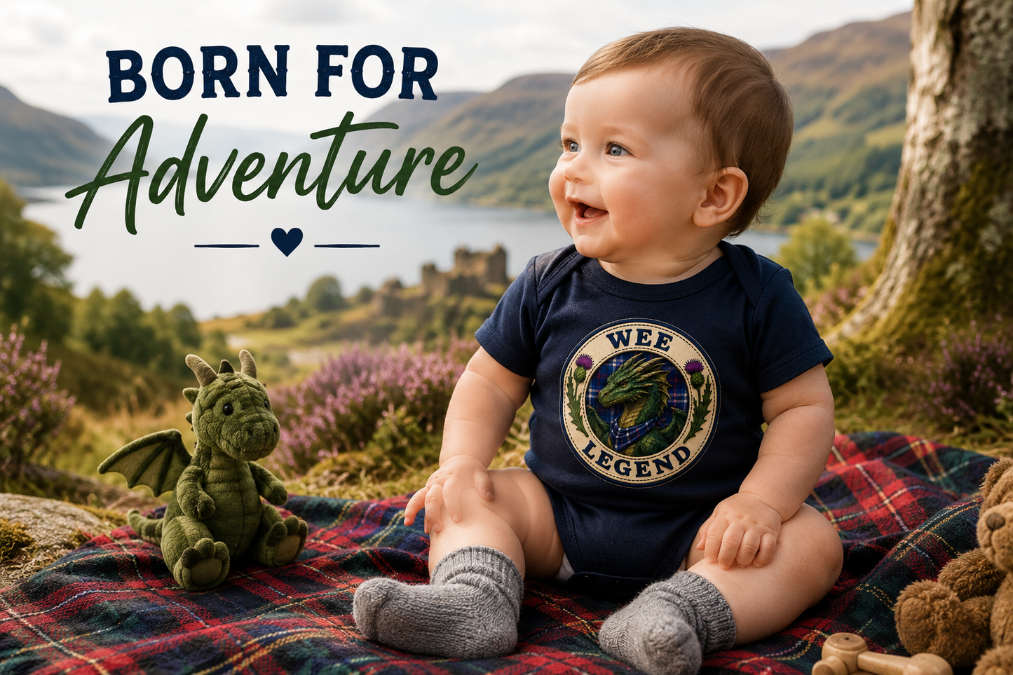 Toddler wearing Wee Legend Dragon Scottish baby bodysuit outdoors