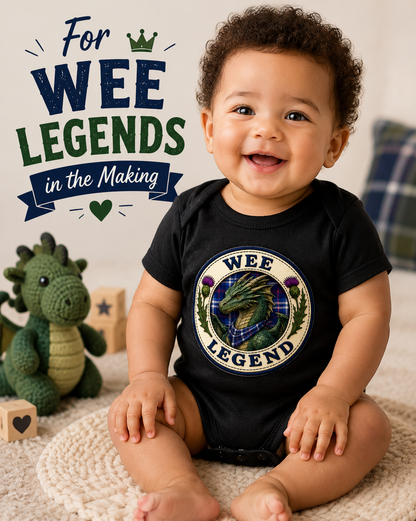 Baby wearing Wee Legend Dragon baby bodysuit and smiling