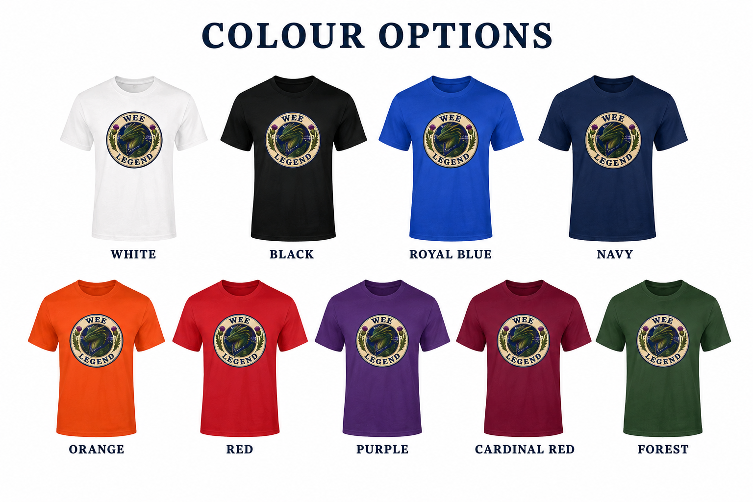 Wee Legend Dragon youth t-shirt available in white, black, royal blue, navy, orange, red, purple, cardinal red and forest green colour options.