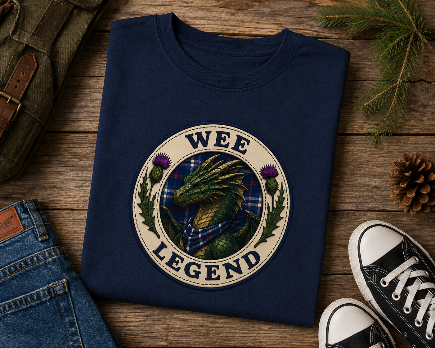 Folded navy Wee Legend Dragon youth t-shirt displayed on a rustic wooden surface with outdoor adventure accessories and close-up view of the dragon crest design.