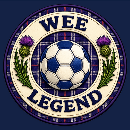 Close-up of the Wee Legend football badge design printed on the teddy bear's t-shirt