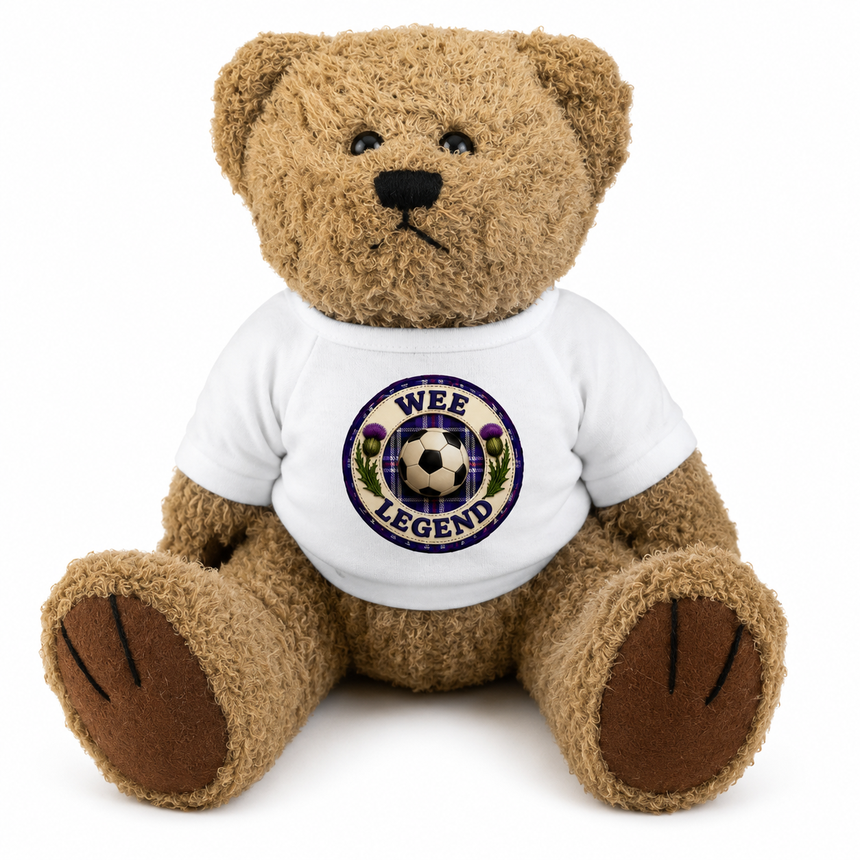 Wee Legend Teddy Bear wearing a white t-shirt with football badge design on a white background