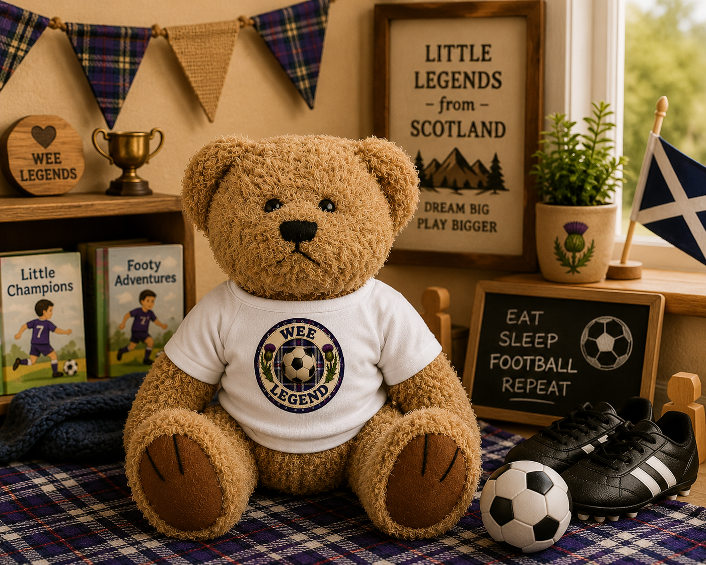 Wee Legend Teddy Bear displayed in a football-themed nursery with Scottish-inspired décor