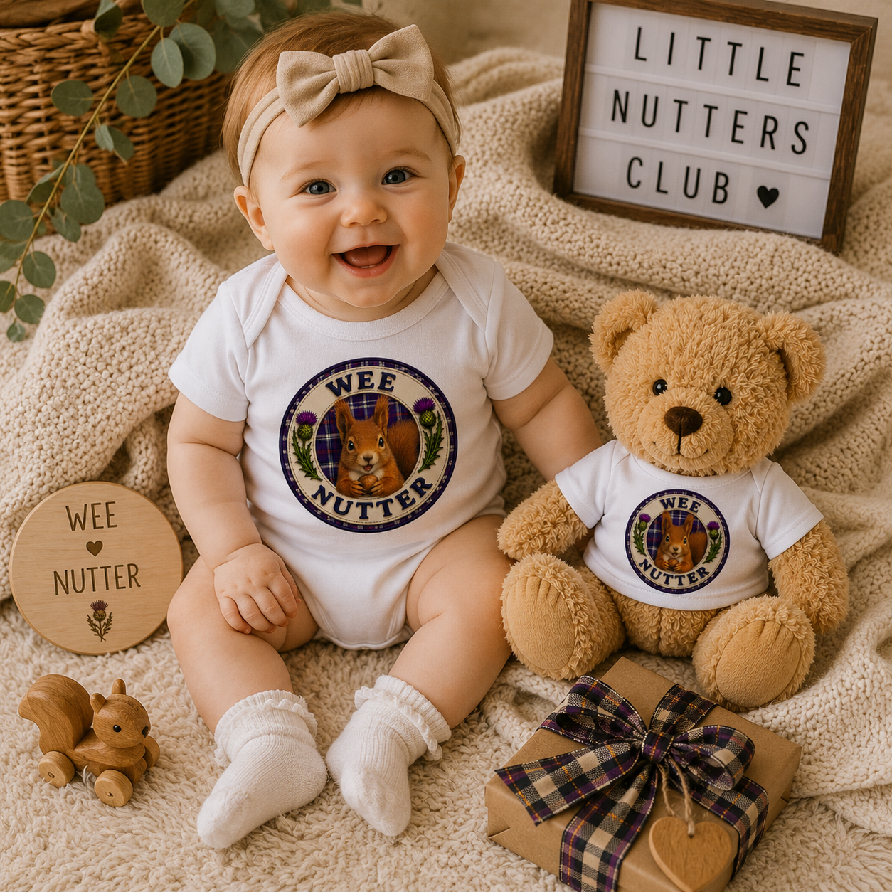 White baby bodysuit featuring the Wee Nutter squirrel badge design with Scottish tartan detailing and thistle artwork.