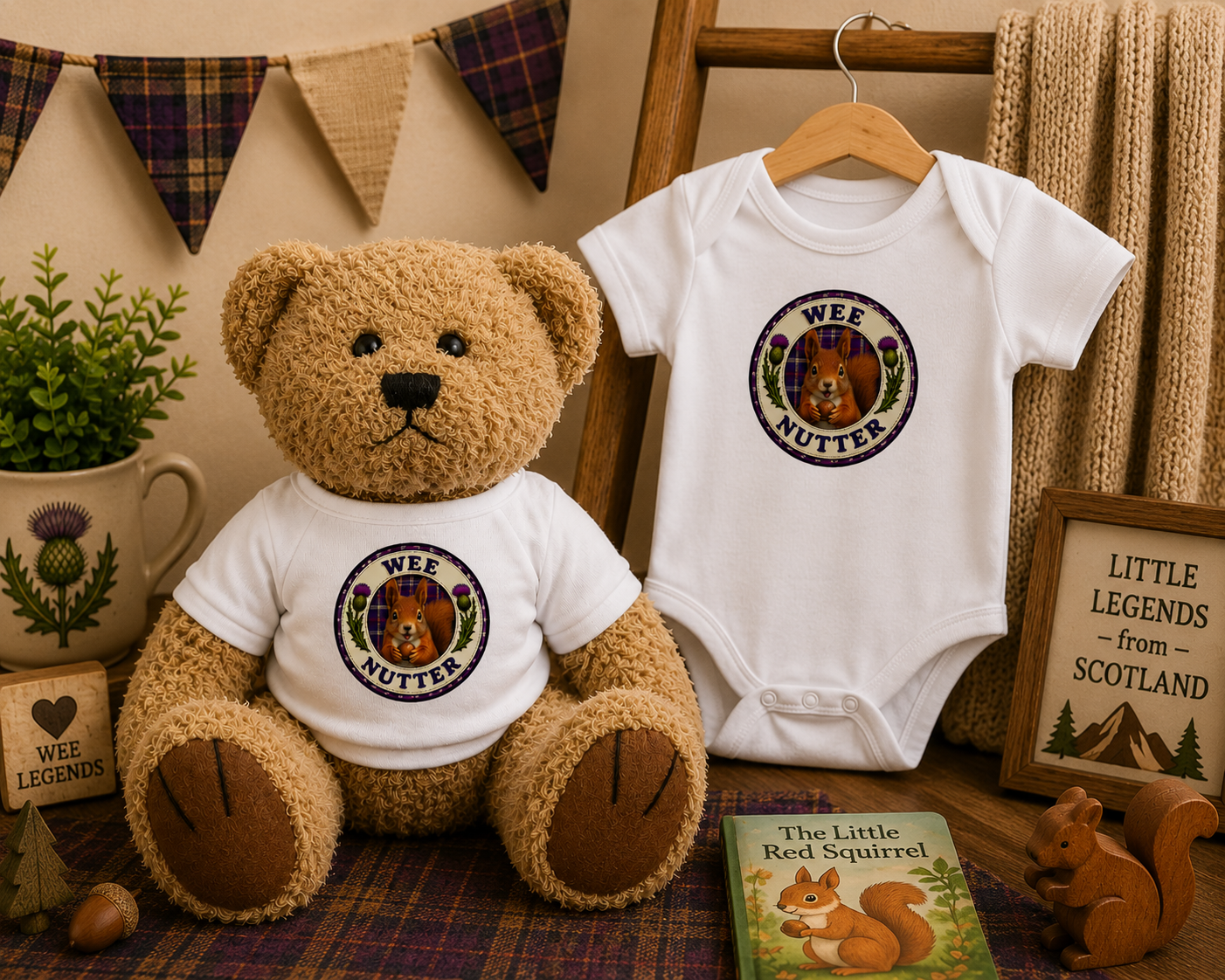 Wee Nutter Teddy Bear beside a matching Wee Nutter baby bodysuit gift set