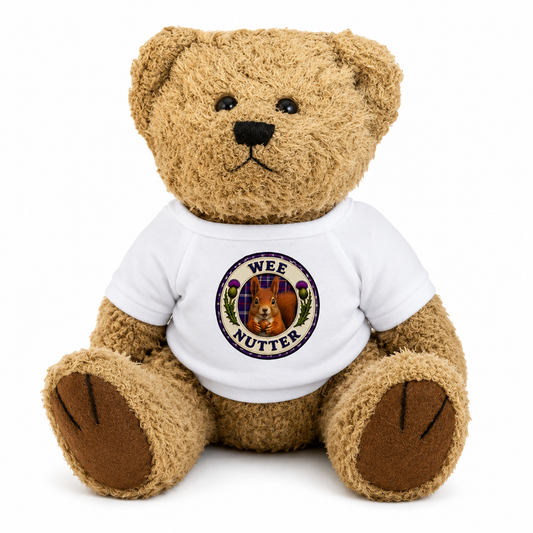 Wee Nutter Teddy Bear wearing a white t-shirt with squirrel badge design on a white background