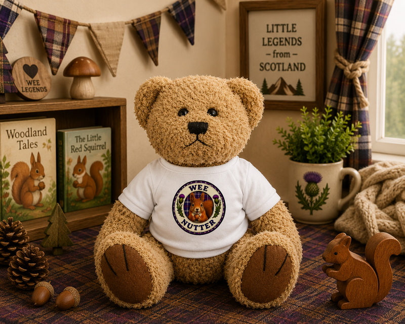 Wee Nutter Teddy Bear displayed in a woodland-themed nursery with Scottish-inspired décor