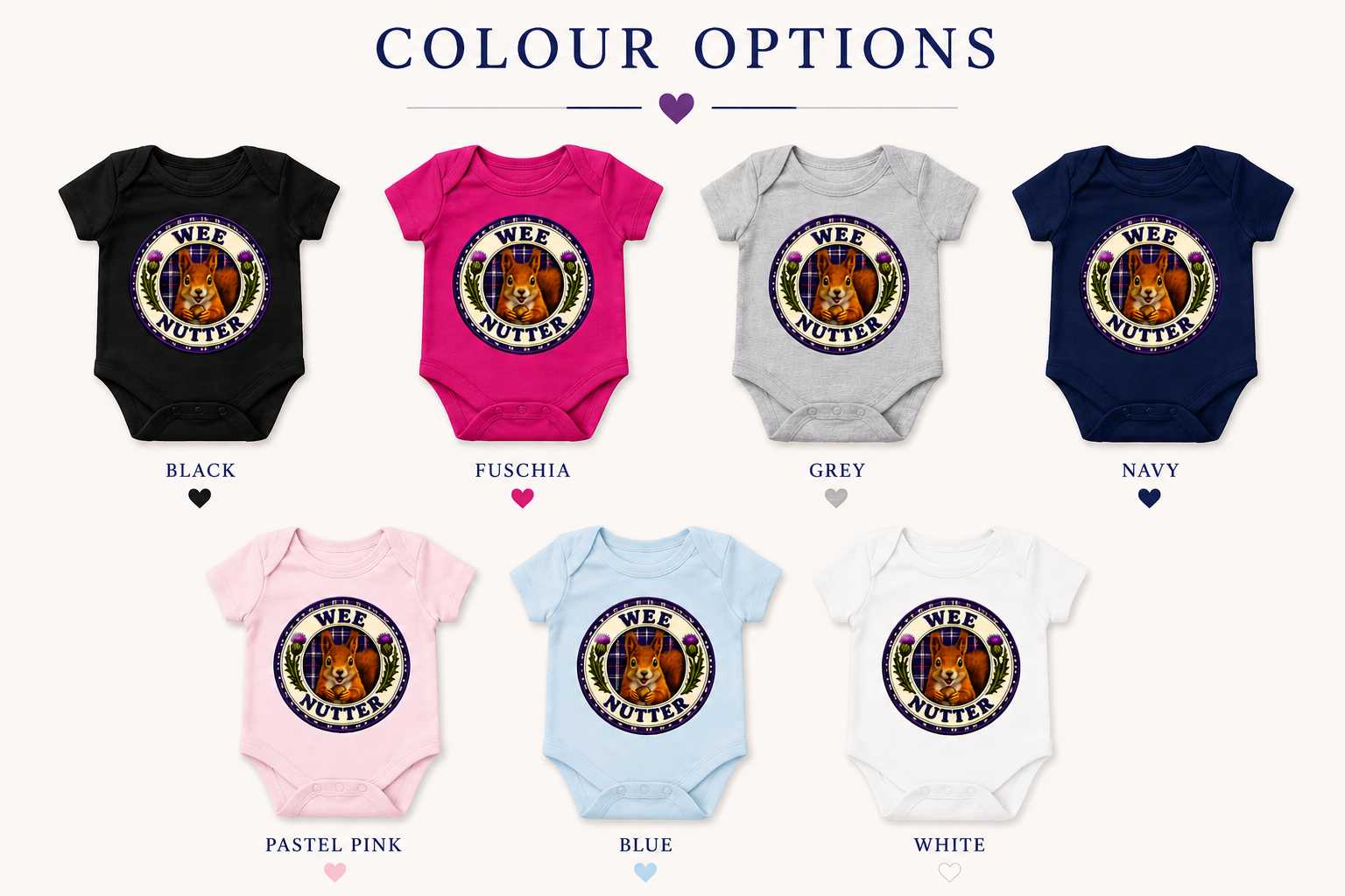 Wee Nutter baby bodysuit colour options available in black, fuchsia, heather grey, navy, pastel pink, pastel blue and white.