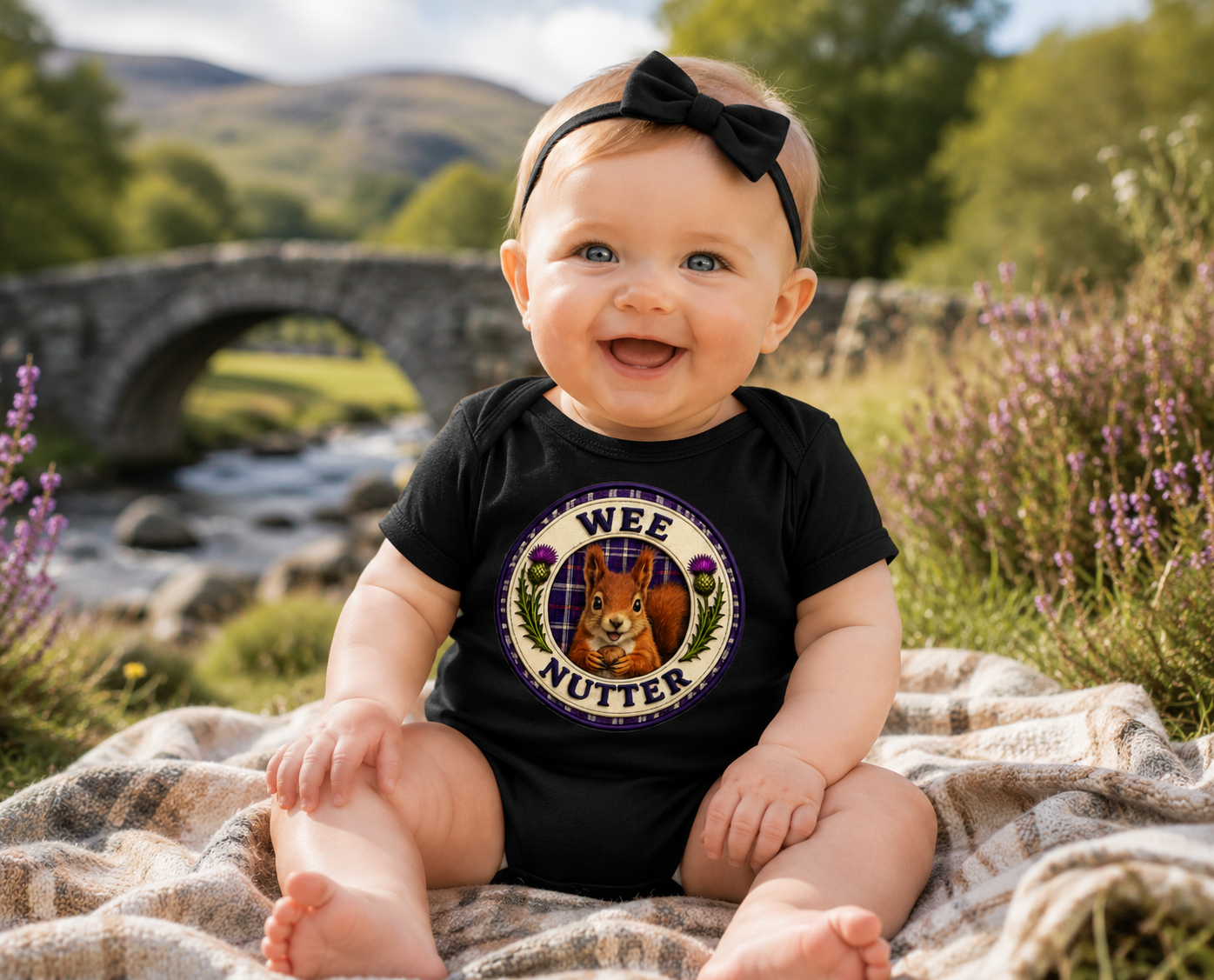 Smiling baby wearing a black Wee Nutter baby bodysuit outdoors beside a Scottish stone bridge and countryside stream.