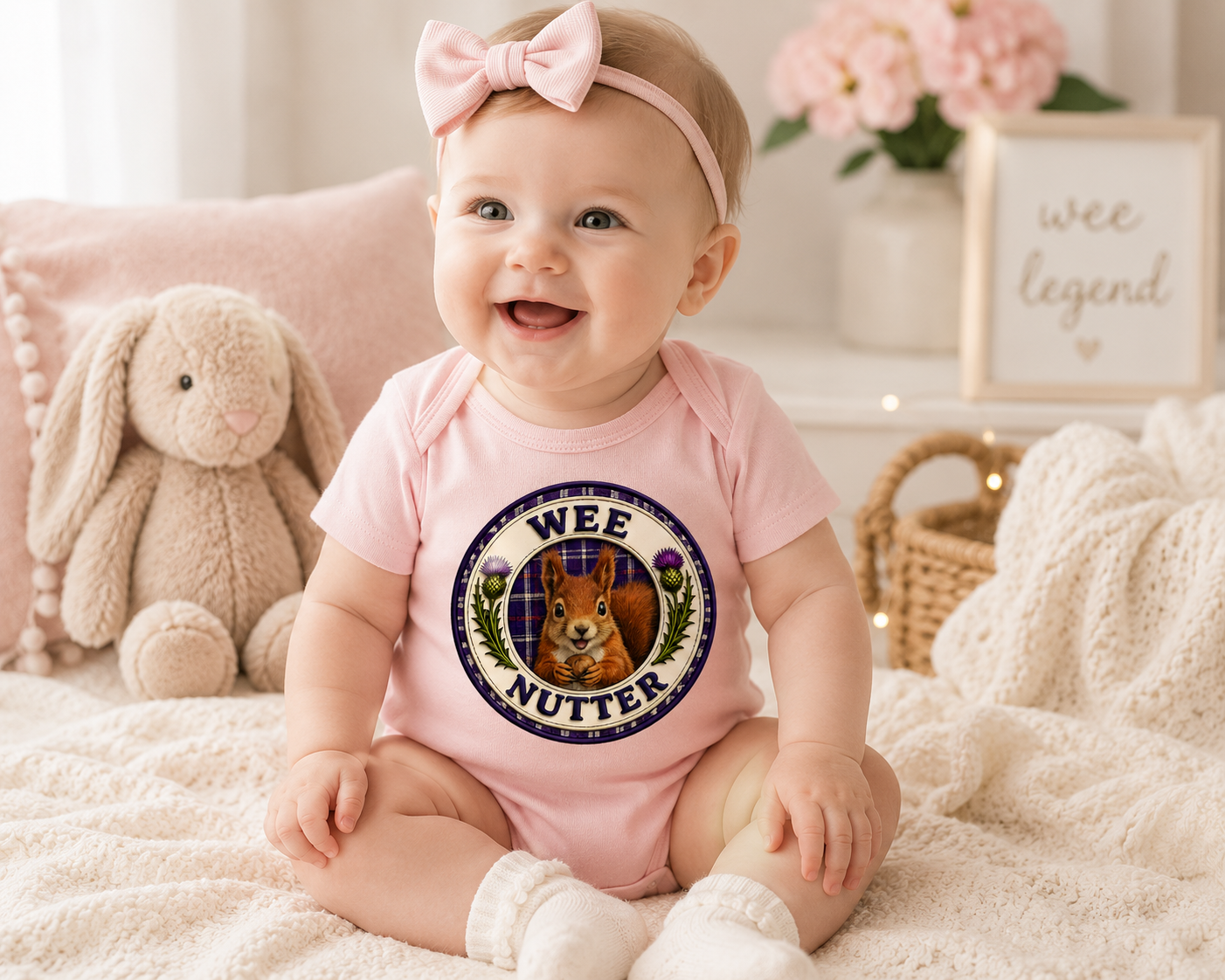 Happy baby wearing a pastel pink Wee Nutter baby bodysuit in a cosy nursery setting with soft toys.