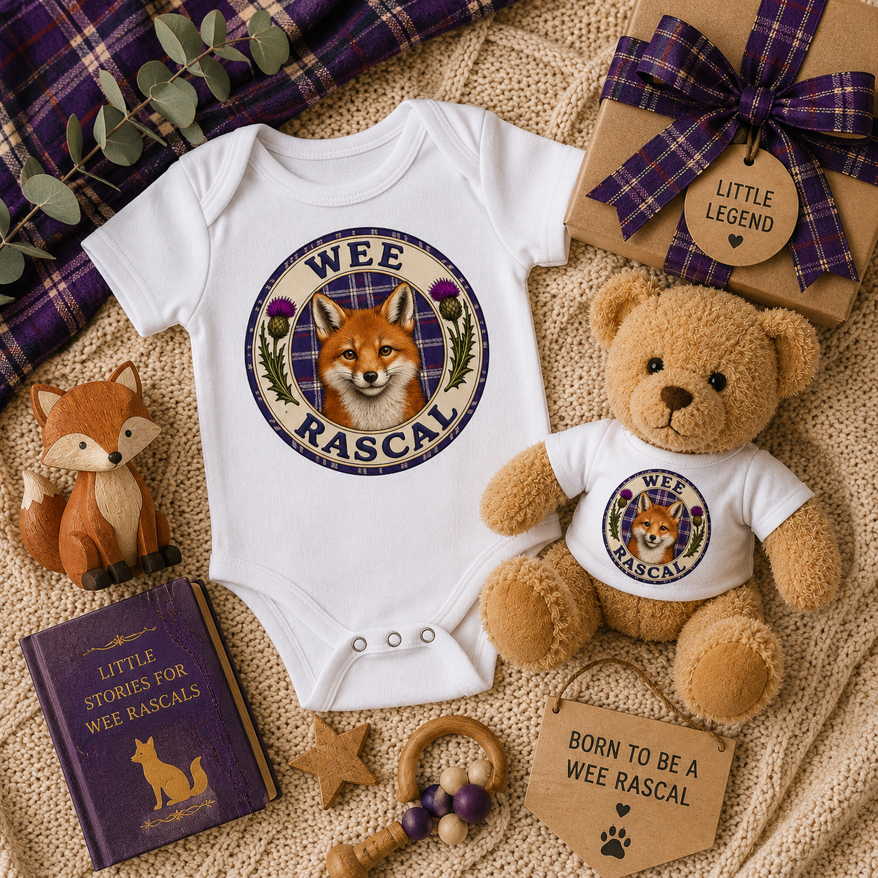 Wee Rascal baby gift set displayed on a cosy knitted blanket with matching bodysuit, teddy bear and woodland-inspired gift accessories.