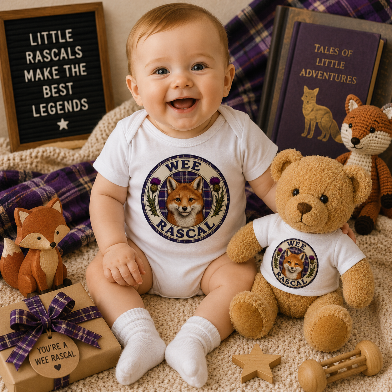 Smiling baby wearing the Wee Rascal bodysuit alongside a matching teddy bear in a warm nursery setting with woodland-themed accessories.