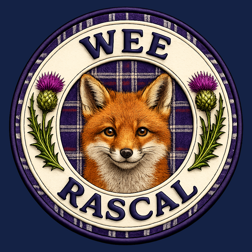 Close-up of the Wee Rascal badge featuring a fox, tartan background and Scottish thistles.