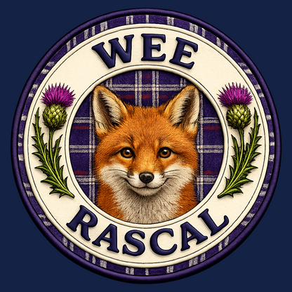 Close-up of the Wee Rascal badge featuring a fox, tartan background and Scottish thistles.