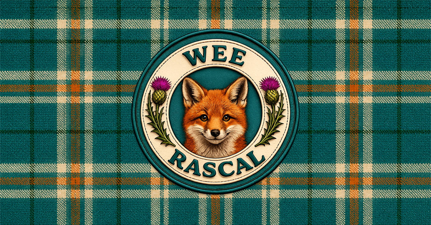 Close-up of the Wee Warrior badge featuring a Highland warrior character, Scottish thistles and tartan detailing.