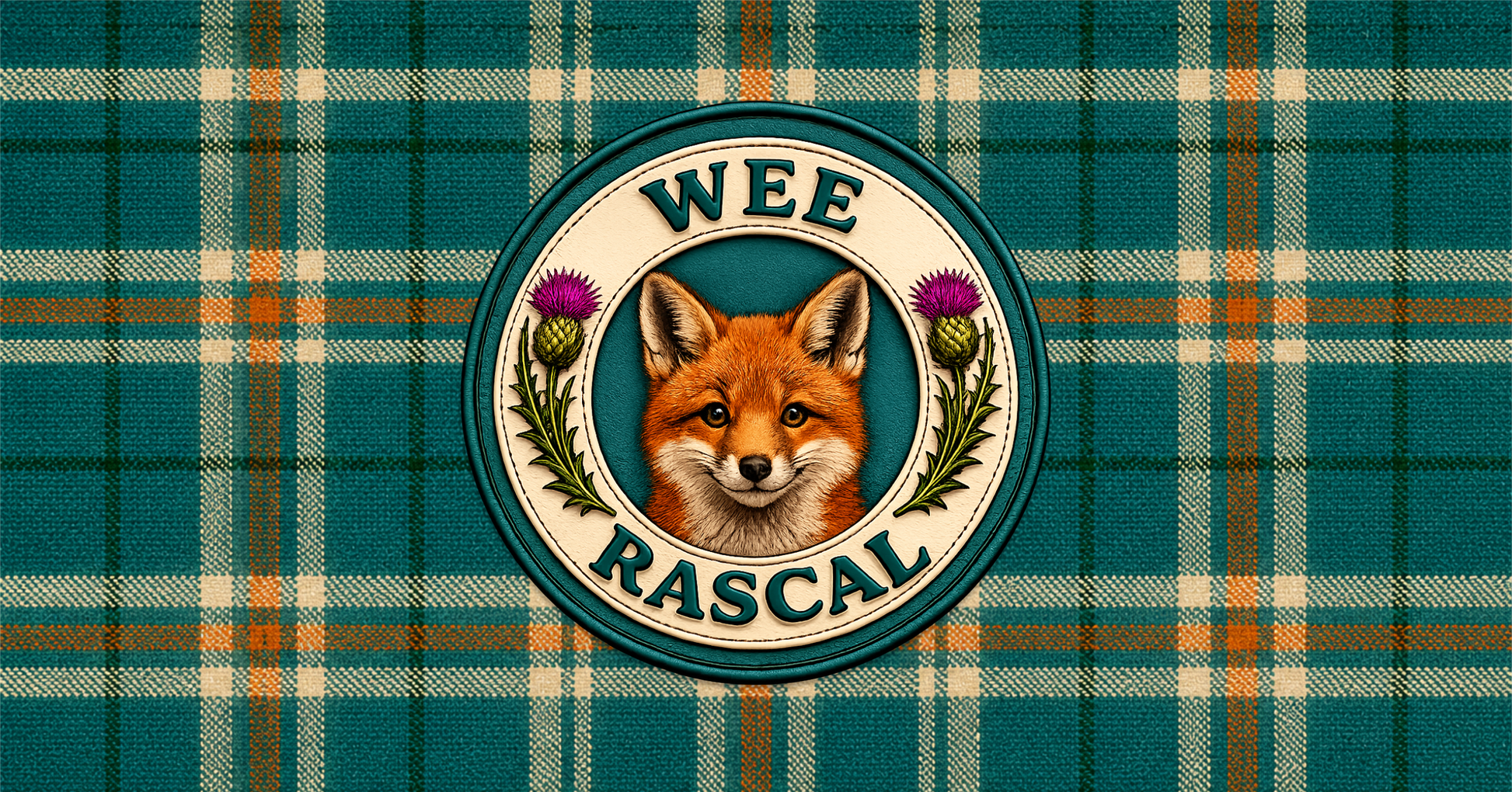 Close-up of the Wee Warrior badge featuring a Highland warrior character, Scottish thistles and tartan detailing.
