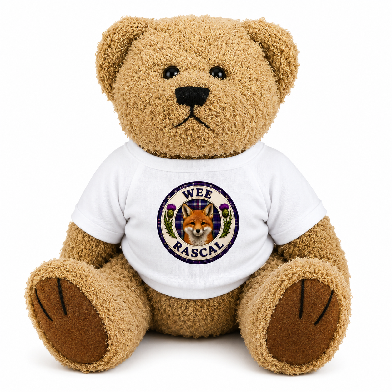Wee Rascal Teddy Bear wearing a white t-shirt with fox badge design on a white background