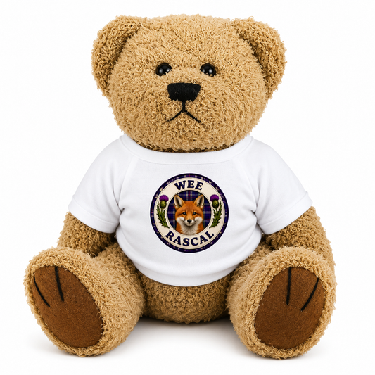 Wee Rascal Teddy Bear wearing a white t-shirt with fox badge design on a white background