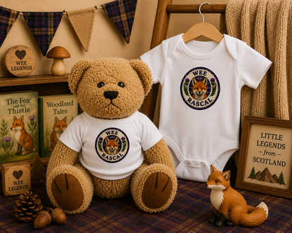 Wee Rascal Teddy Bear beside a matching Wee Rascal baby bodysuit gift set