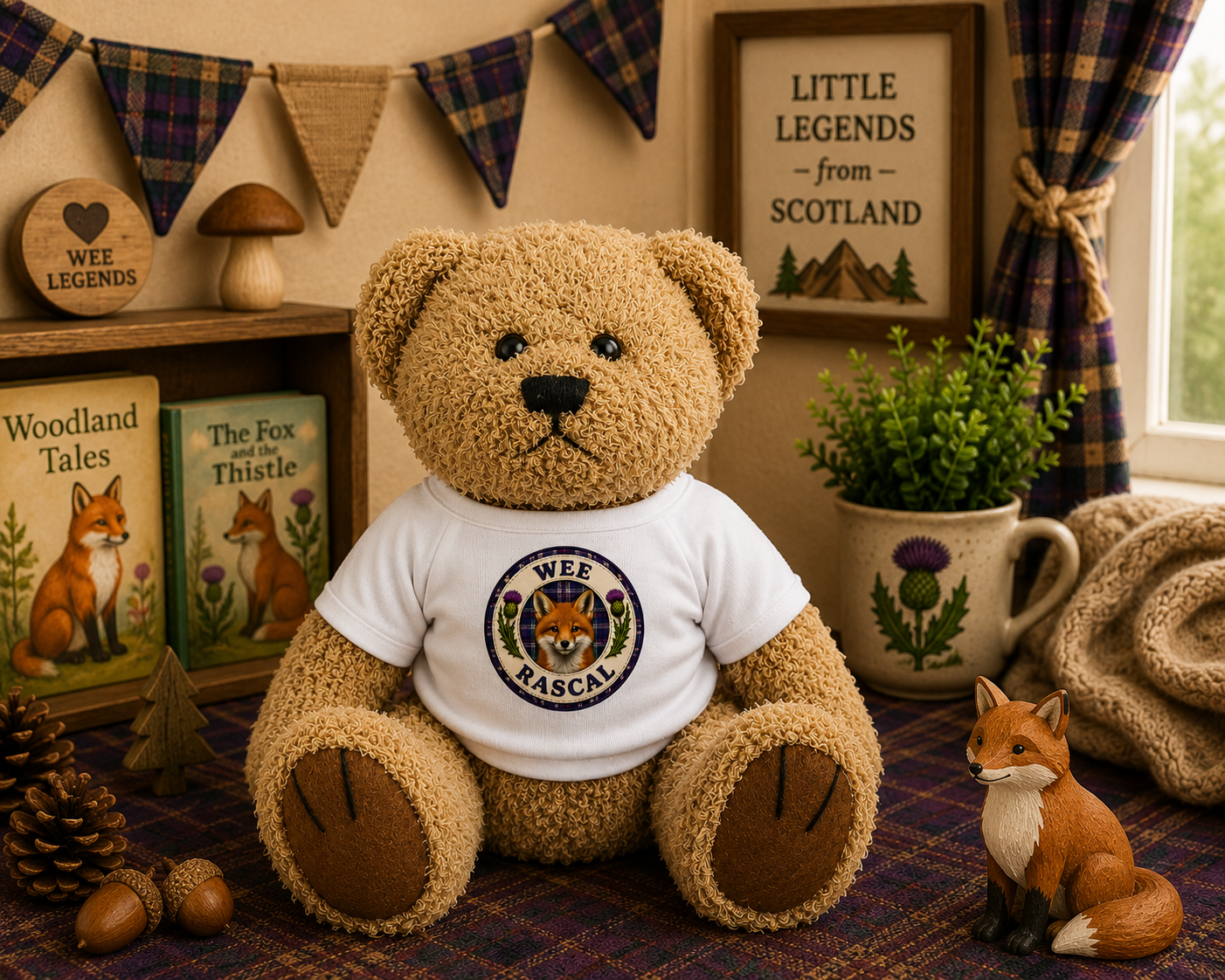 Wee Rascal Teddy Bear displayed in a woodland-themed nursery with Scottish-inspired décor