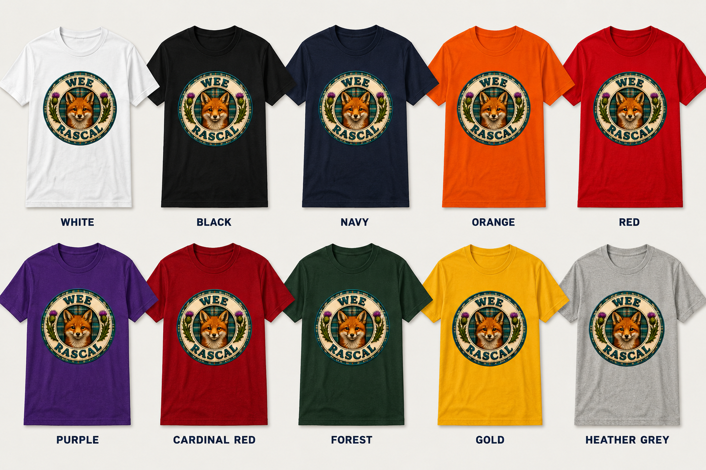 Wee Rascal youth t-shirt available in white, black, navy, orange, red, purple, cardinal red, forest green and gold colour options.