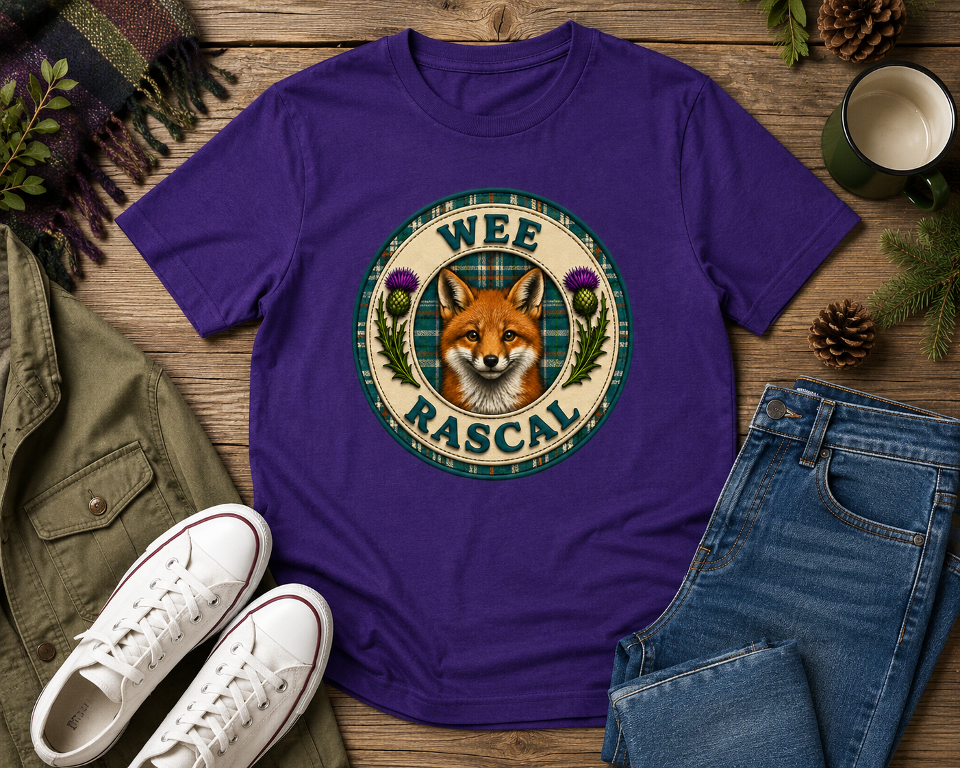 Wee Rascal youth t-shirt displayed on a rustic wooden surface with woodland-inspired accessories and Scottish tartan details.