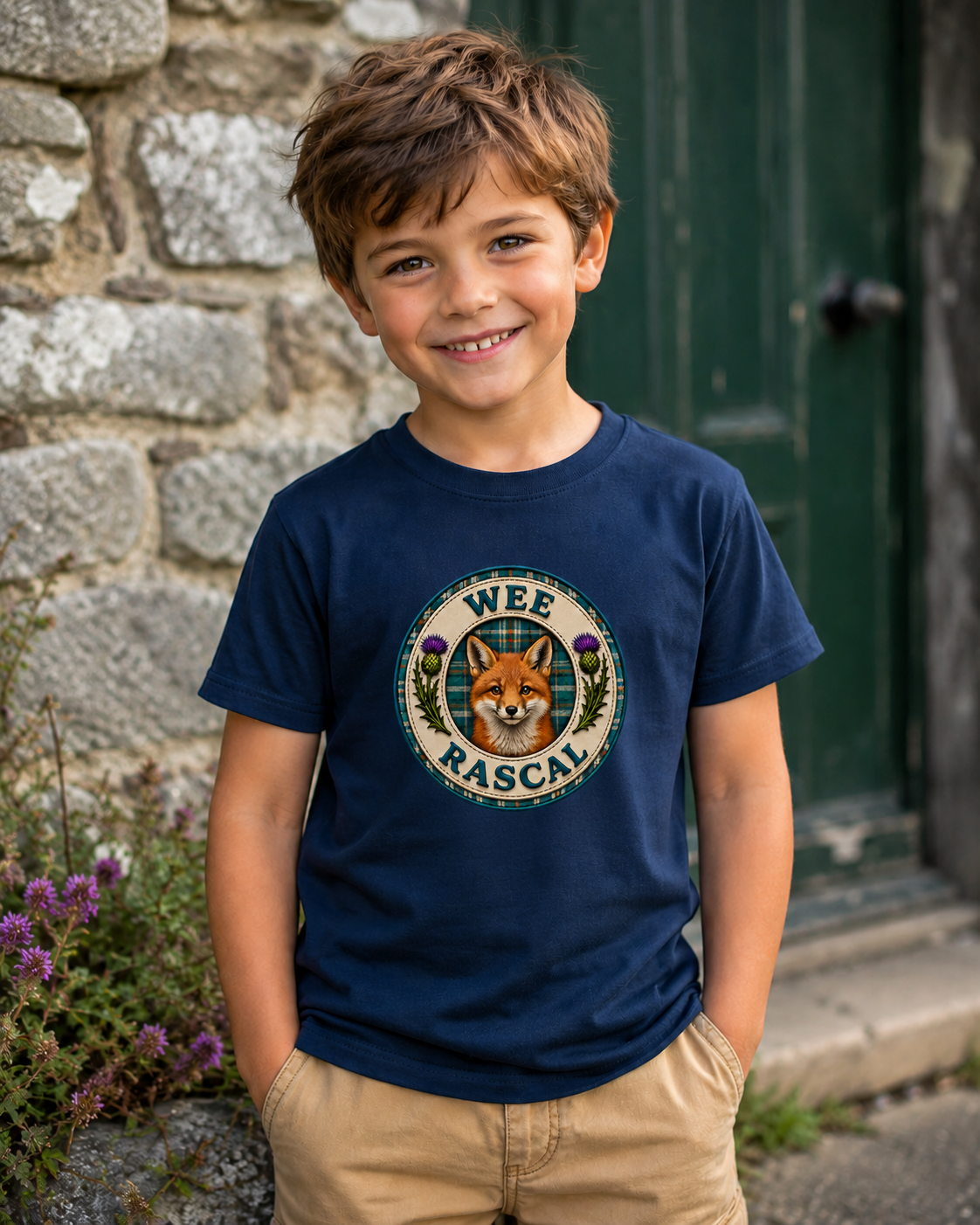 Young boy wearing a navy Wee Rascal youth t-shirt featuring a fox crest design with teal tartan background and Scottish thistles, standing beside a rustic stone cottage.