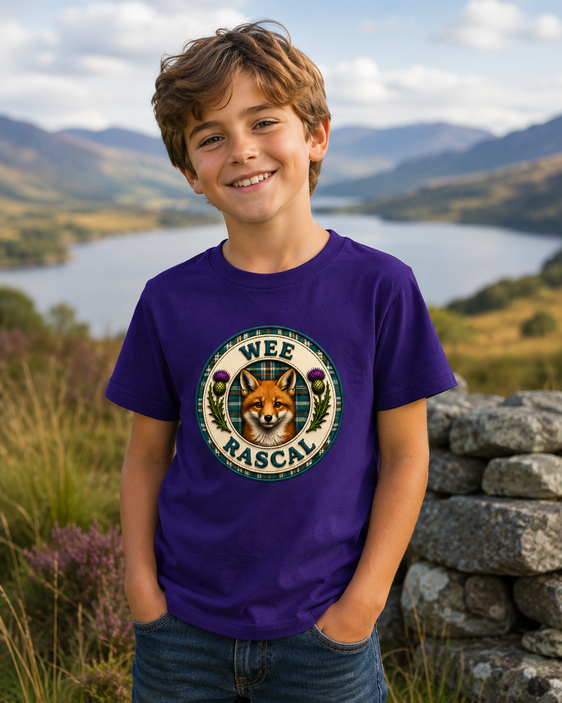 Young boy wearing a purple Wee Rascal youth t-shirt featuring a fox badge design, standing on a countryside path with hills and loch views in the background.