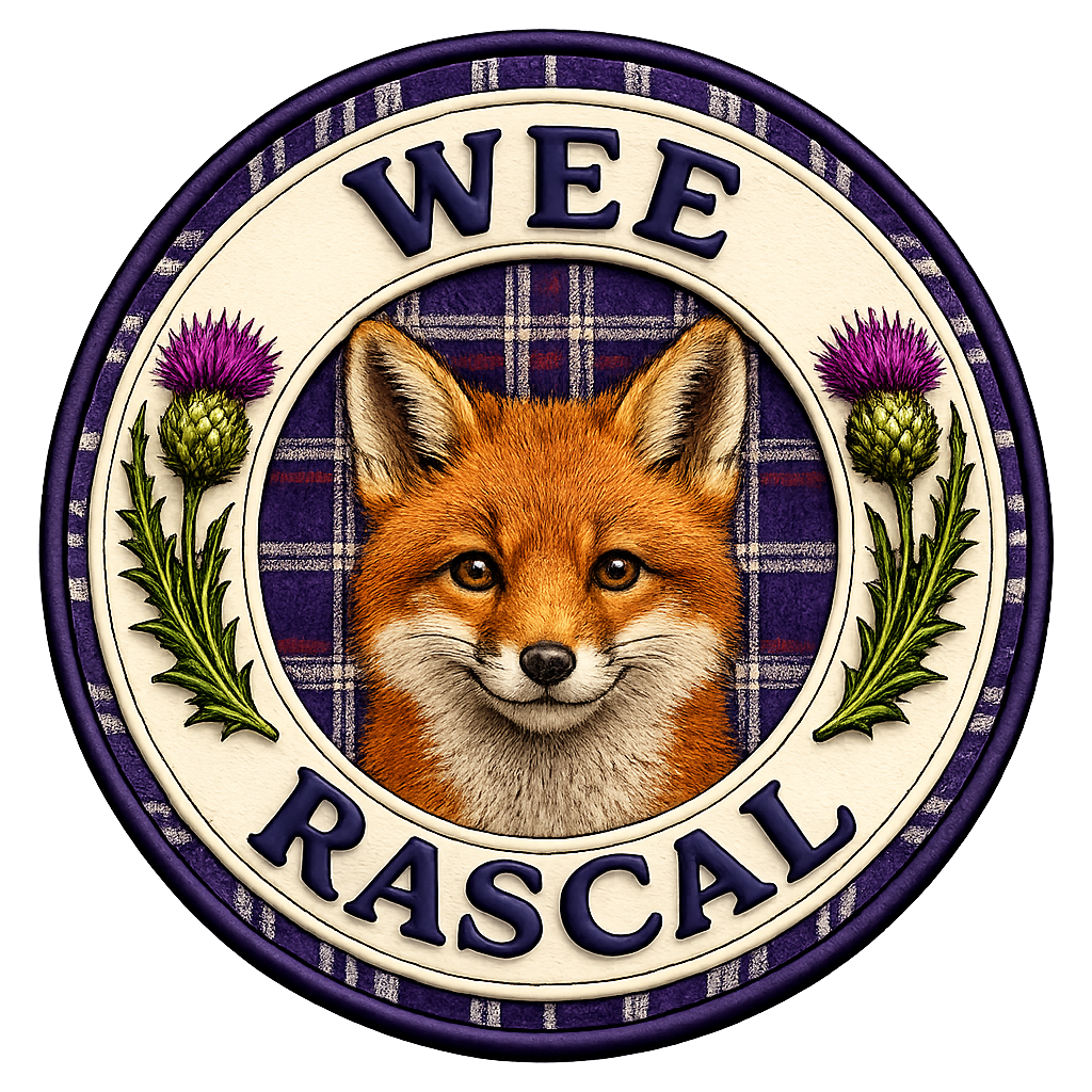 Close-up of the Wee Rascal fox badge featuring a Scottish fox, tartan pattern and purple thistles.